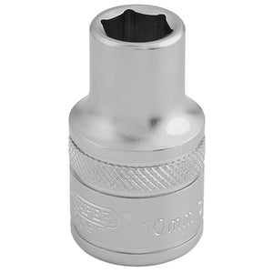 The Draper 6 Point Metric Socket, 1/2" Square Drive, 10mm - H-MM/MS is crafted from durable chrome vanadium steel and features a knurled grip for extra traction.