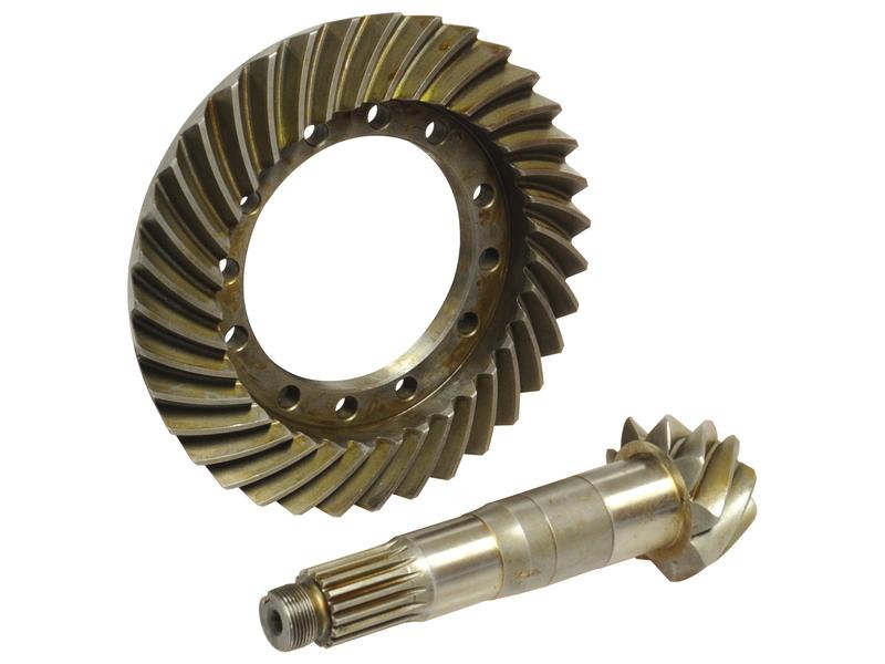 The Crown Wheel and Pinion, Sparex Part Number S.166003 from the brand Sparex, features a ring gear with spiral bevel teeth and a pinion gear with a matching number of teeth. This set is used in mechanical applications for torque transmission.