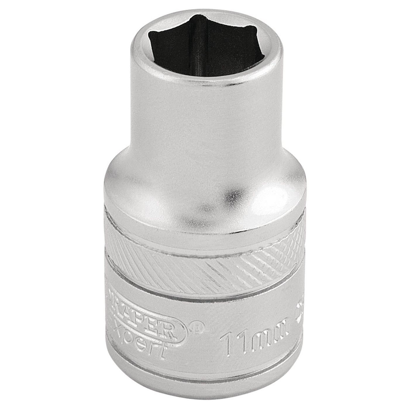 The Draper 6 Point Metric Socket, 1/2" Sq. Dr., 11mm - H-MM/MS is a silver socket with a hexagonal opening, crafted from durable chrome vanadium steel, designed for tightening or loosening bolts and nuts.