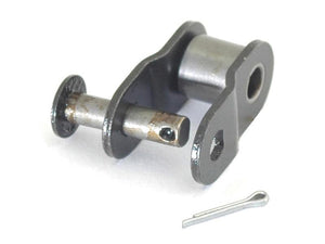 Close-up of a Cranked Link, Simplex, 100-1 HV (Sparex Part Number: S.166010) composed of a bracket, cylindrical pin, rod, and a small cotter pin placed on a white surface, adhering to ELITE Specification.