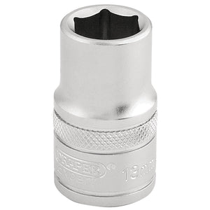 A Draper 6 Point Metric Socket, 1/2" Sq. Dr., 13mm, featuring a silver finish and knurled grip, with a hexagonal opening crafted from durable chrome vanadium steel.