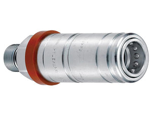 A close-up of the Faster Quick Release Hydraulic Coupling Female 1/2'' Body x M22 x 1.50 Metric Male Thread, Sparex Part Number: S.166036, featuring a threaded section on the left and a ringed design on the right, boasting an ISO A rating.