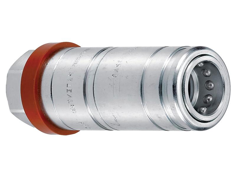 Close-up of a Faster Quick Release Hydraulic Coupling made from carbon steel, featuring a red sealing ring, threaded connection (1/2'' Body x 1/2'' NPT Female Thread), and a series of O-rings for secure attachment. This product is known as Sparex Part Number S.166038.