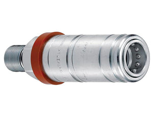 The Faster Quick Release Hydraulic Coupling from Sparex, with a Sparex Part Number of S.166040, features a 1/2'' body and an M22 x 1.50 metric male bulkhead. This metallic carbon steel hydraulic fitting includes a ridged central section and a red rubber seal, designed for high flow push/pull coupling to ensure efficient operation.