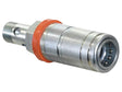 Close-up of the Sparex Faster Quick Release Hydraulic Coupling Female 1/2'' Body x M22 x 1.50 Metric Male Banjo (Sparex Part Number: S.166041) with a threaded end, an orange sealing ring, and featuring a high-flow push/pull coupling.