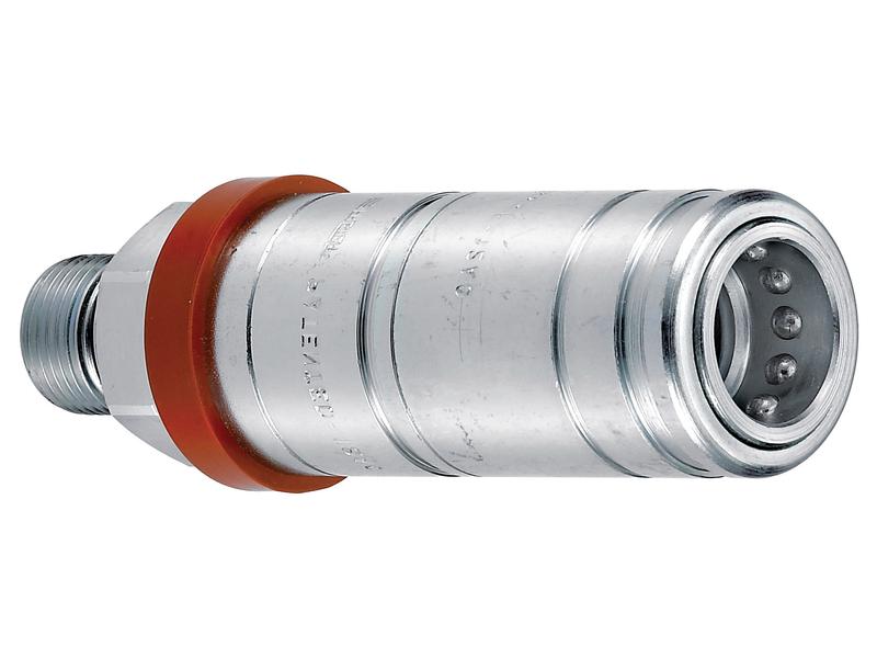 The Faster Quick Release Hydraulic Coupling Female 1/2'' Body x M22 x 1.50 Metric Male Thread by Sparex (Part Number: S.166050) features a red sealing ring and poppet valve, ideal for connecting and disconnecting fluid lines in machinery and equipment.