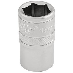 A Draper 6 Point Metric Socket, 1/2" Square Drive, 15mm - H-MM/MS, boasts a silver metallic finish, ribbed grip, and durable chrome vanadium steel construction to meet DIN3122 and ISO3315 specifications.