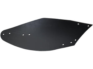 A black metal sheet with an asymmetrical shape featuring several drilled holes, compatible with LH Primary OE Reference 173459 and secured using Vulcan Fasteners, identified as the Mouldboard - LH for Gregoire Besson, Sparex Part Number S.166083 from the Sparex brand.