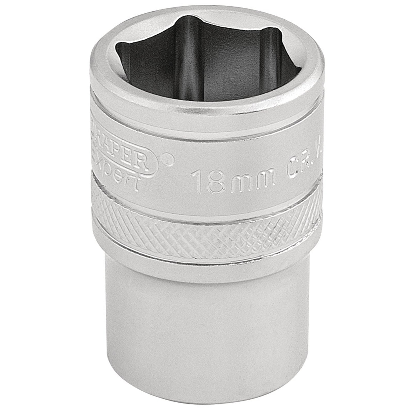 A Draper 6 Point Metric Socket with a 1/2" drive, featuring an 18mm size, metallic build, textured grip, engraved specifications, and a micro satin finish.