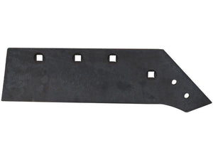 A flat, black metal blade with four square holes along the top edge, two circular holes on the right end, designed for use with Vulcan Fasteners as an alternative to 162755 is known as the Share - RH, 14'' x 12mm, (Gregoire Besson) To fit as: 173424 by Sparex. The corresponding Sparex Part Number is S.166098.