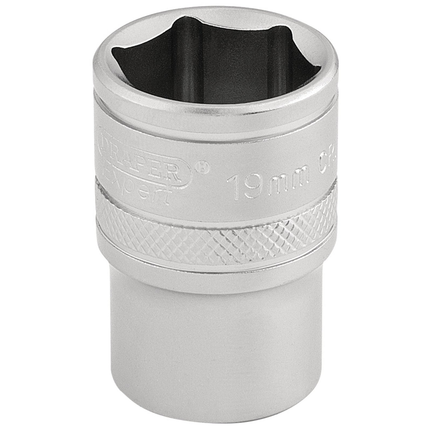 The Draper 6 Point Metric Socket, 1/2" Sq. Dr., 19mm - H-MM/MS by Draper, made from durable chrome vanadium steel, features six contact points and a knurled grip around the middle for better handling.