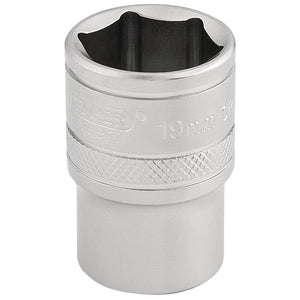 The Draper 6 Point Metric Socket, 1/2" Sq. Dr., 19mm - H-MM/MS by Draper, made from durable chrome vanadium steel, features six contact points and a knurled grip around the middle for better handling.