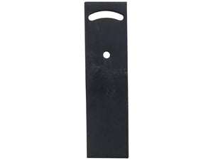 A flat, rectangular black metal plate with a narrow oval cutout at the top and a circular hole in the center, often used in conjunction with Vulcan Fasteners, known as the "Tail Press - LH (Gregoire Besson)" to fit as 172311, Sparex Part Number S.166105 from Sparex.