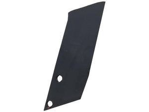 The Sparex Plough Point - LH is a black, metal blade with a thickness of 12mm and features two circular holes near the bottom edge. It is compatible with VulcanFasteners for secure attachment and fits Agrolux, Kongskilde, and Overum models as part number 41653507109. The Sparex Part Number for this product is S.166107.