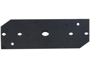 The Landside Short - RH (Agrolux, Kongskilde, Overum) by Sparex (Sparex Part Number: S.166110), is a black rectangular metal plate with an angled corner featuring five variously shaped holes. It is perfect for fitting RH applications and is compatible with Vulcan Fasteners.