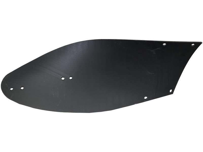 A flat, dark-colored metal sheet with multiple holes of varying sizes arranged around its edges, similar to an OE Reference design is known as the Sparex Mouldboard - LH (Agrolux, Kongskilde, Overum) To fit as: 41653502109 | Sparex Part Number: S.166115.