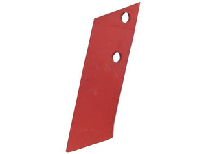 The item is a red metal plough point with two strategic holes, one near the top and another in the middle. Featuring a slanted rectangular shape, it appears to be a replacement part for agricultural machinery from brands like Agrolux, Kongskilde, and Overum. Specifically designed to fit part number 41659461009, this left-hand plough point has a thickness of 12mm and is identified as Sparex Part Number S.166116.