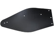 A flat, black, trapezoidal metal plate with several holes near the edges, designed for LH Fitting and compatible with Vulcan Fasteners.