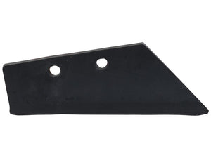 Image showing the Skim Point - RH (Kuhn) by Sparex, featuring a black metal blade with two circular holes for mounting. The blade, compatible with Vulcan Fasteners part 631108 and carrying the Sparex Part Number S.166136, has an angled, pointed tip on one end and serves as an RH Primary OE Reference.