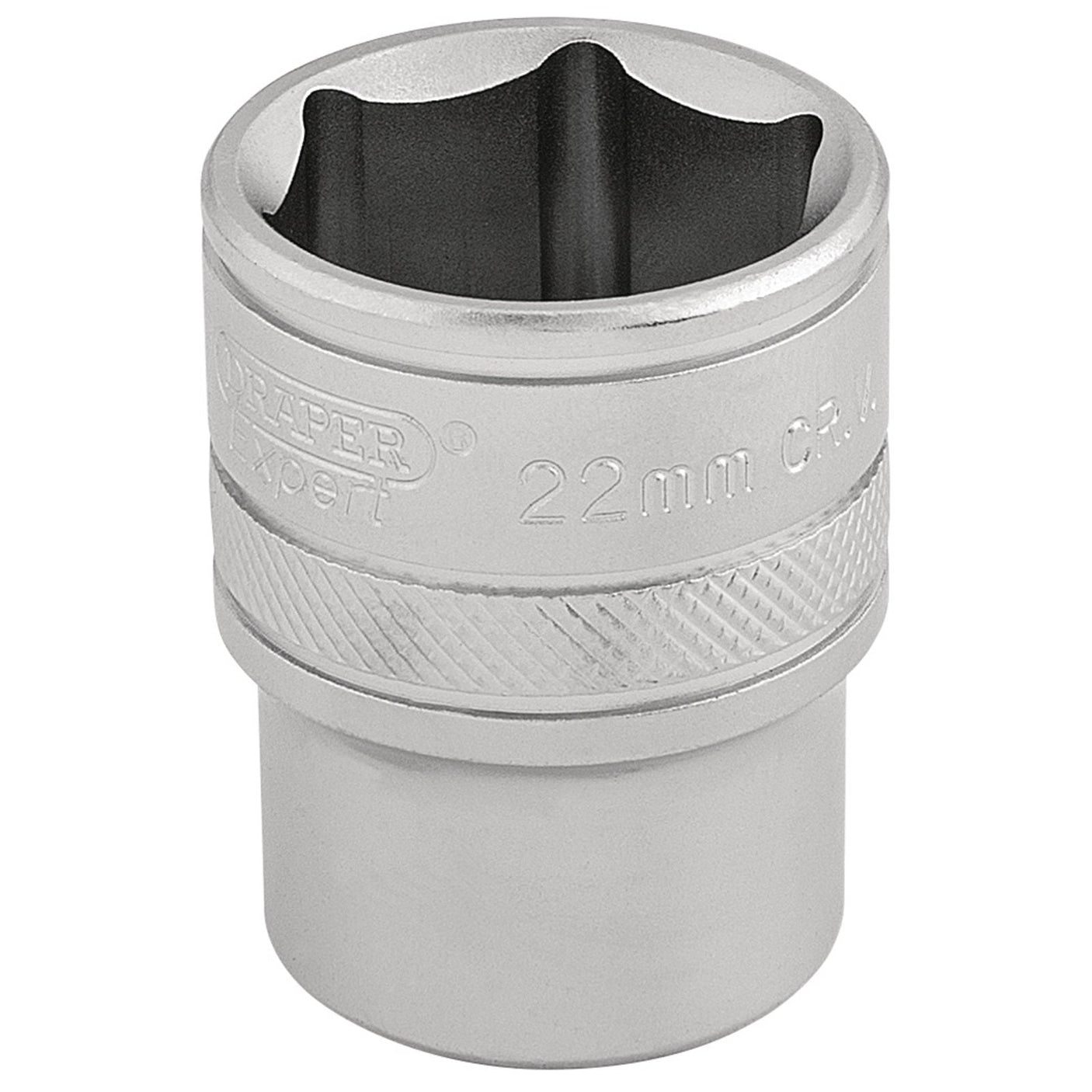 A Draper 6 Point Metric Socket, 1/2" Sq. Dr., 22mm - H-MM/MS, featuring a knurled grip and micro satin finish, crafted from durable chrome vanadium steel for tightening or loosening nuts and bolts.