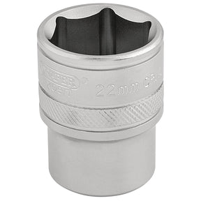 A Draper 6 Point Metric Socket, 1/2" Sq. Dr., 22mm - H-MM/MS, featuring a knurled grip and micro satin finish, crafted from durable chrome vanadium steel for tightening or loosening nuts and bolts.