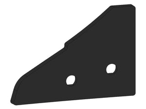 The Sparex Landside Short - LH (Kuhn), part number S.166144, is a black, triangular metal bracket with two circular holes near one edge, ideal for use in LH Primary OE configurations and compatible with Vulcan Fasteners.