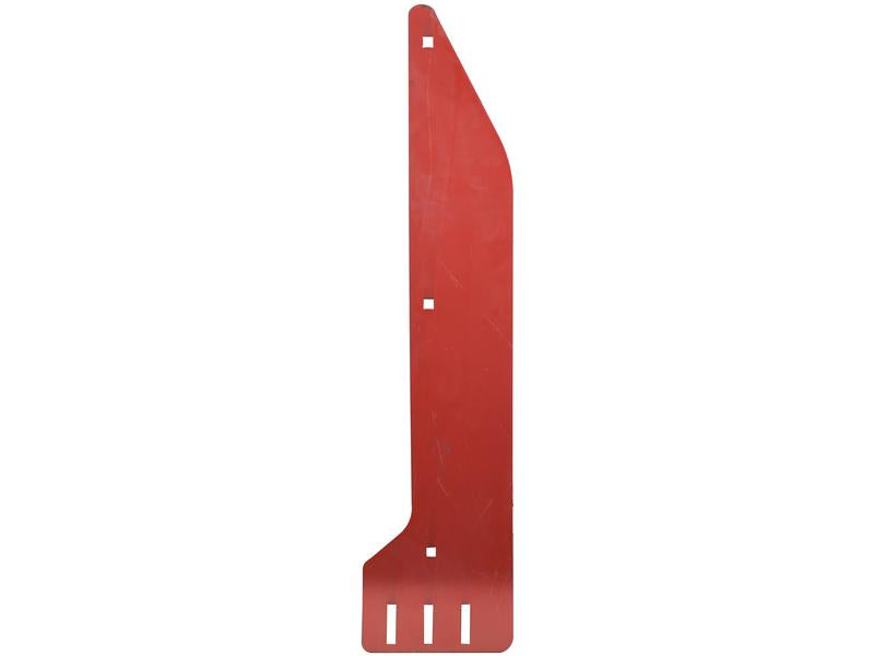 The Deflector Plate - RH (Kuhn), identifiable as Sparex Part Number S.166147 and designed to match K2602020, is a tall, flat, red metal sheet featuring a unique shape with multiple cut-out slots and holes specifically designed for Vulcan Fitting.