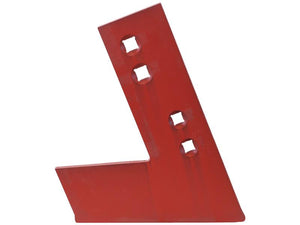 The Sword Landside - RH (Kverneland), identified by Sparex Part Number S.166156, is a red, angular metal bracket featuring four square holes arranged in a diagonal line, typically used with Vulcan Fasteners for secure attachment.