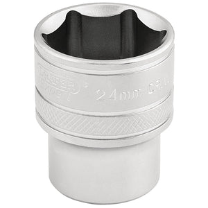 A Draper 6 Point Metric Socket, 1/2" Sq. Dr., 24mm - H-MM/MS, with a polished silver finish and extra grip, marked with "Draper Expert 24mm C.R.V.," made from durable chrome vanadium steel for longevity.