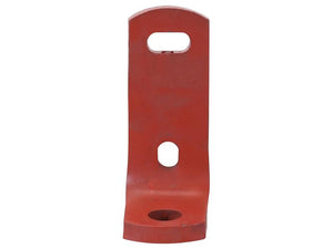 A red metal adjustable stay fitting bracket (Kverneland) with three holes—one oval, one circular, and one at the bottom—used for mounting or supporting objects, compatible with Vulcan Fasteners. Primary OE Reference: KK073801. Sparex Part Number: S.166163