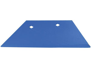 A blue, trapezoidal metal blade with two holes near the top edge, compatible with LH fittings and designed for use with Vulcan fasteners. The Wing 16'' - LH (Fiskars, Overum) from Sparex, part number S.166178.