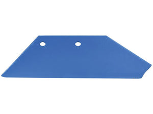 A blue, triangular metal cutting blade with two circular holes near the top edge, perfect for 18'' LH fitting applications by Sparex, model Wing 18'' - LH (Kongskilde, Overum), Part Number S.166183.