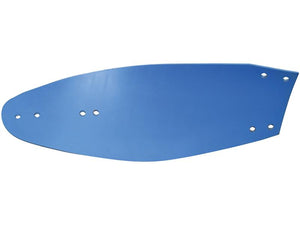 The "Mouldboard - LH (Kongskilde, Overum)" with Sparex Part Number S.166185 is a blue, elongated metal blade featuring multiple holes along its edge, compatible with LH fittings and secured by Vulcan Fasteners.