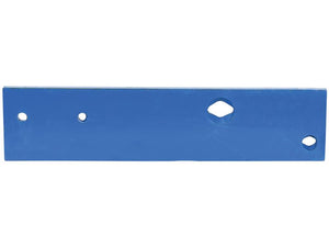 The Landside Short - LH (Fiskars, Overum) from Sparex (Part Number: S.166187) is a blue flat metal bar with four holes of varying sizes located at different points along its length, ideal for use with Vulcan Fasteners.