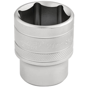 The Draper 6 Point Metric Socket, 1/2" Sq. Dr., 27mm - H-MM/MS, is crafted from durable chrome vanadium steel with a polished micro satin finish. This 27mm socket is designed for use with a wrench or ratchet to effectively tighten or loosen nuts and bolts.