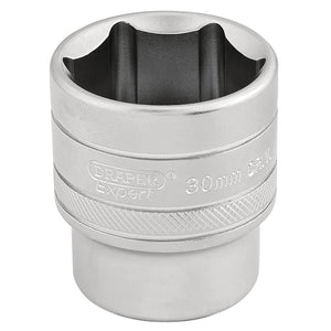 Close-up of a Draper 6 Point Metric Socket, 1/2" Sq. Dr., 30mm - H-MM/MS head with a micro satin finish. Made from chrome vanadium steel, the tool features a knurled band for grip and is designed as a 6 point socket.