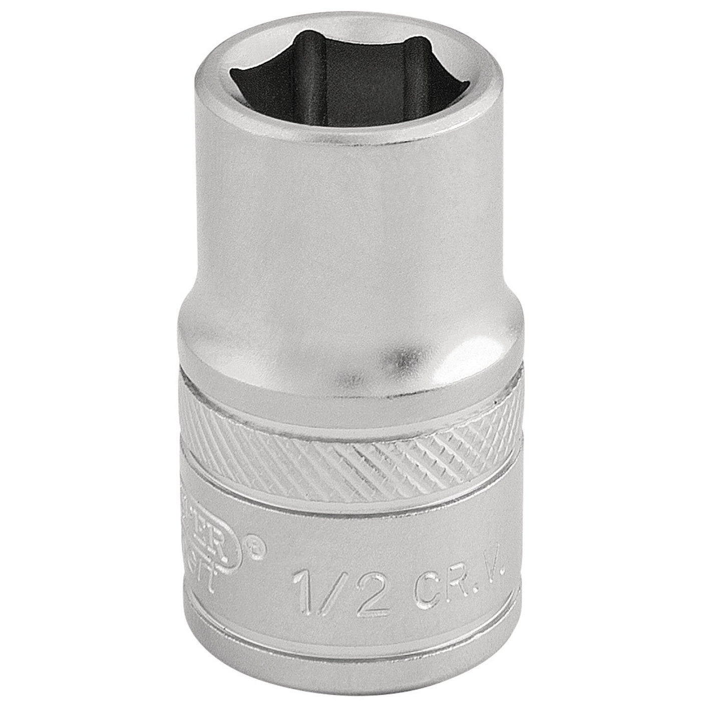 The Draper 6 Point Imperial Socket, 1/2" Sq. Dr., 1/2" - H-AF/MS is a top-quality tool made of durable chrome vanadium steel, ideal for tightening or loosening bolts and nuts, and features a sleek micro satin finish.