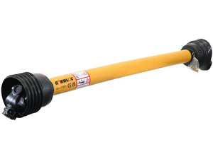 A yellow GARDLOC PTO Shaft with black connectors on both ends, measuring 1510mm in length and equipped with various safety and certification labels. An alternative to item 164304, this Sparex Part Number S.166274 drive shaft features a 1 3/8'' x 6 spline quick release to a 1 3/8'' x 6 spline overrun clutch (clockwise) and is part of the Gardloc AB6/A6 Italian series.