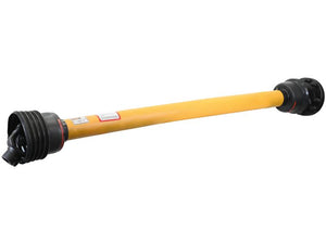 A yellow GARDLOC PTO Shaft - (Lz) Length: 1510mm, 1 3/8'' x 6 Spline Q.R. to 1 3/8'' x 6 Spline Friction Disc Clutch with protective covers on both ends, available under Sparex Part Number: S.166275.