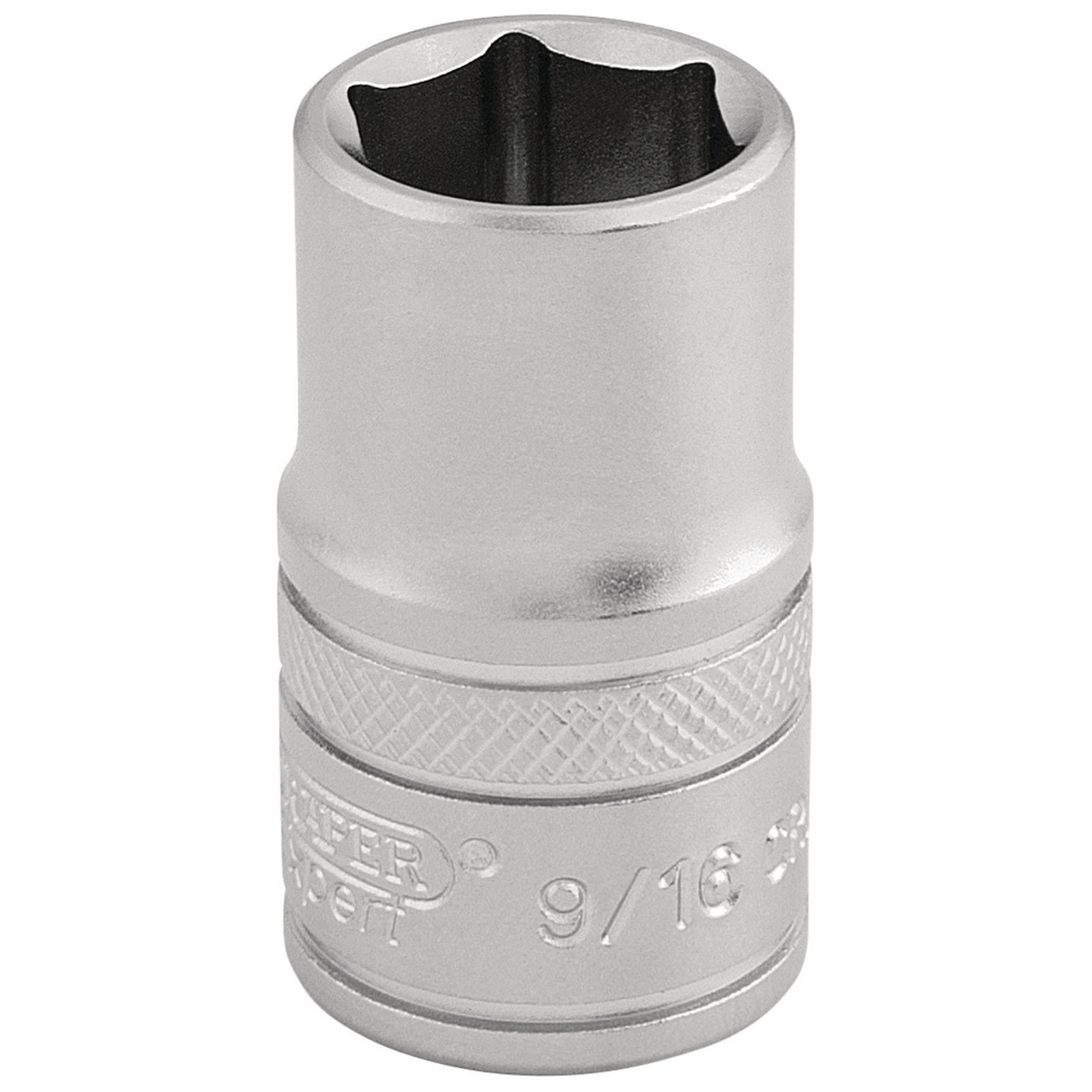 The Draper 6 Point Imperial Socket, 1/2" Sq. Dr., 9/16" - H-AF/MS is a chrome vanadium steel tool with engraved text indicating its size and manufacturer. This socket features a micro satin finish and a textured band around the middle for enhanced grip.