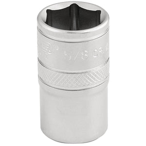 A Draper 6 Point Imperial Socket, 1/2" Sq. Dr., 5/8" - H-AF/MS, featuring a micro satin finish and textured grip, crafted from durable chrome vanadium steel, for use with ratchet tools.