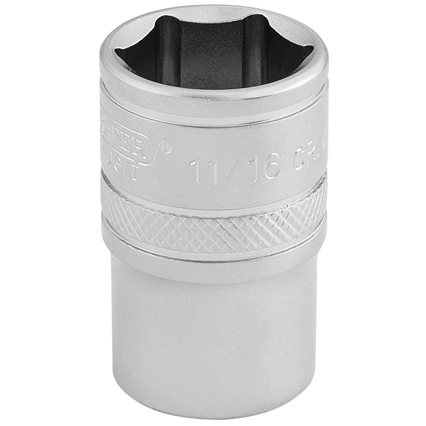 Introducing the Draper 6 Point Imperial Socket, 1/2" Sq. Dr., 11/16" - H-AF/MS, a high-quality tool made from durable chrome vanadium steel. Featuring a hexagonal opening and a knurled ring for improved grip, this socket is ideal for tightening or loosening nuts and bolts efficiently.