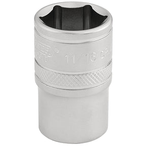 Introducing the Draper 6 Point Imperial Socket, 1/2" Sq. Dr., 11/16" - H-AF/MS, a high-quality tool made from durable chrome vanadium steel. Featuring a hexagonal opening and a knurled ring for improved grip, this socket is ideal for tightening or loosening nuts and bolts efficiently.
