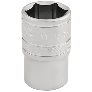 Introducing the Draper 6 Point Imperial Socket, 1/2" Sq. Dr., 11/16" - H-AF/MS, a high-quality tool made from durable chrome vanadium steel. Featuring a hexagonal opening and a knurled ring for improved grip, this socket is ideal for tightening or loosening nuts and bolts efficiently.