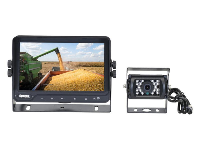 The Sparex Wired Vehicle Camera System, featuring a 7-inch HD Touch Button Monitor and a 1/3 CMOS Camera, displays an image of a green combine harvester unloading corn.