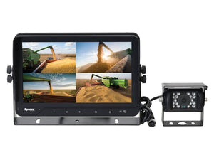 The Sparex Wired Vehicle Camera System, featuring a 9'' 4QUAD Split Digital Touch Button Monitor (Sparex Part Number: S.166338), displays a four-way split-screen of agricultural machinery during harvest. The HD camera feeds show grain being transferred, and a small wired camera is positioned next to the monitor for additional viewing.