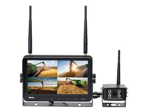 The Sparex Wireless Digital Vehicle Camera System features a 9'' quad split-screen monitor that displays crystal-clear video feeds from a CMOS digital wireless camera. The system includes a microphone-equipped camera, one-way audio output, antennas for enhanced reception, a removable sunvisor, and adjustable support. (Sparex Part Number: S.166339)