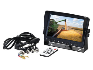 A **Sparex Wired Vehicle Camera Replacement Monitor (7") | Sparex Part Number: S.166343** displays a grain harvesting scene, with a connected cable, remote control, and additional wiring laid out beside it.