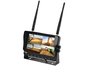 A Sparex Wireless Replacement Monitor (7'') with part number S.166345, in black, featuring two antennas and a DVR function, displays four different video feeds of agricultural machinery working in fields.