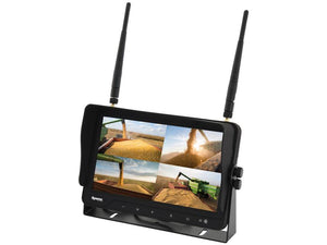 The Wireless Replacement Monitor (9'') by Sparex (Sparex Part Number: S.166346) is a black digital HD monitor with two antennas that displays four video feeds of agricultural fields being harvested, offers night vision capabilities, and supports a 128G SD card.